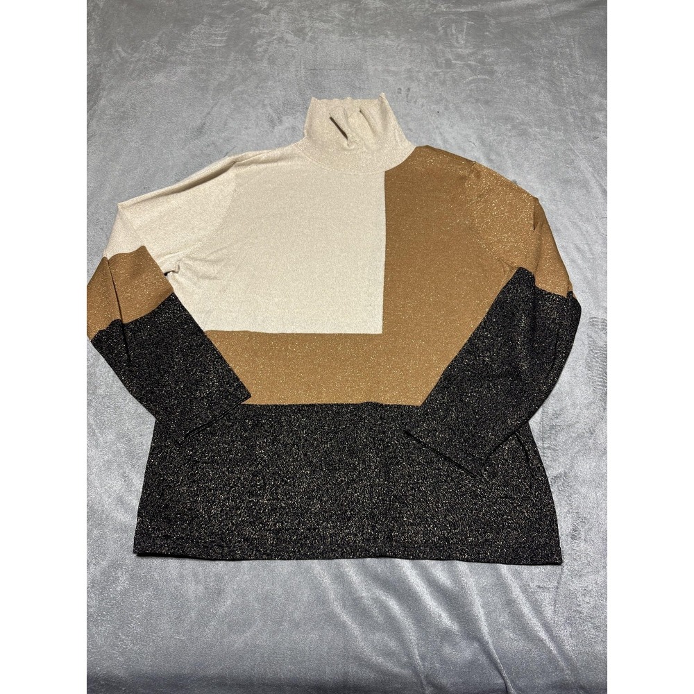 Chicos Womens Large Multicolor Geometric Turtleneck Long Sleeve Metallic Blouse